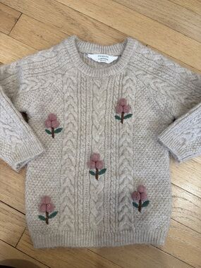 Primark Cream Cable Knit Sweater with Pink Flower Appliqués